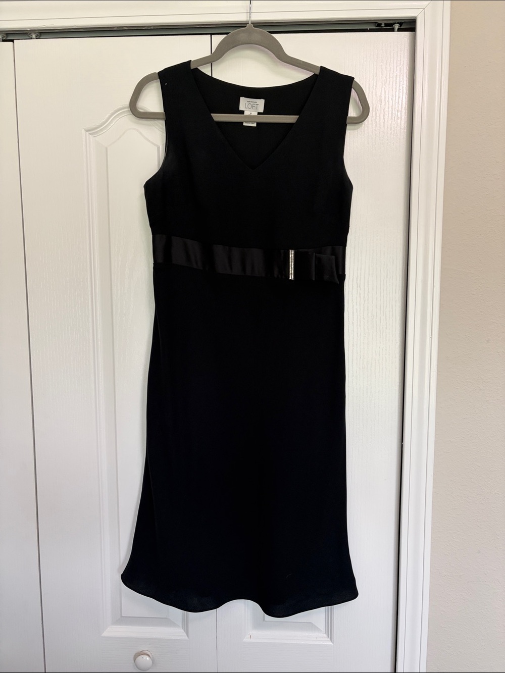 LOFT Black V-Neck Sheath Dress with Satin Waist Detail